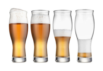 Drinking beer process. From full to empty glass on white background, step-by-step collage