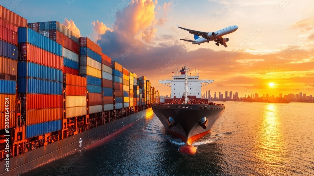 Poster aerial panoramic view of a large cargo ship loaded with colorful shipping containers in a busy port 