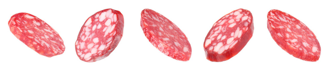 Slices of smoked sausages isolated on white, set