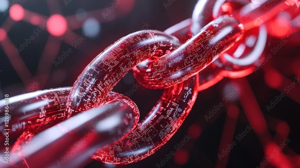 Poster closeup of an interlocking red metal chain against a dark background creating an abstract industrial