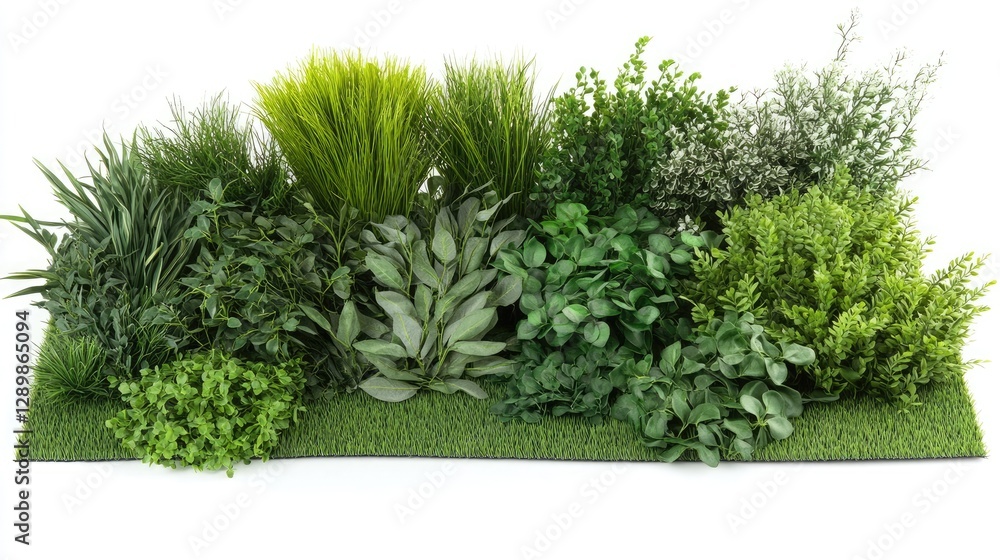 Poster diverse artificial plants and grass panels arranged for design projects, showcasing various types of