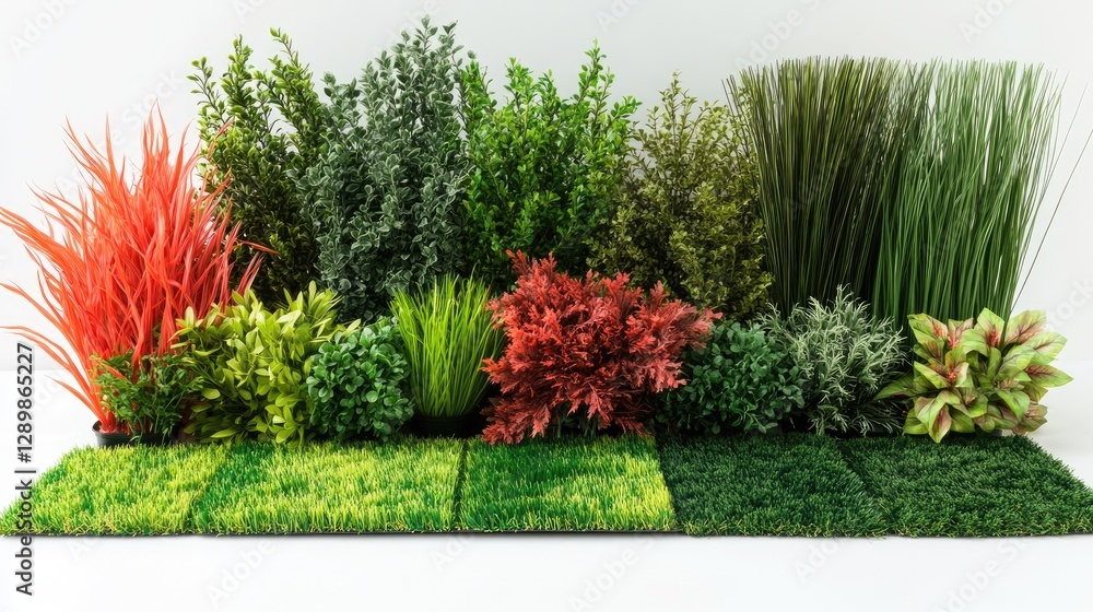 Poster diverse artificial plants and grass panels arranged for design projects, showcasing various types of