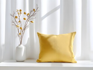 The yellow cushion pillow and flower arrangement are displayed in the room