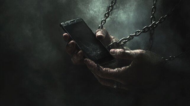 Hands chained, holding a smartphone in a dark and surreal environment, conveying a sense of confinement, isolation, and the digital world's grip