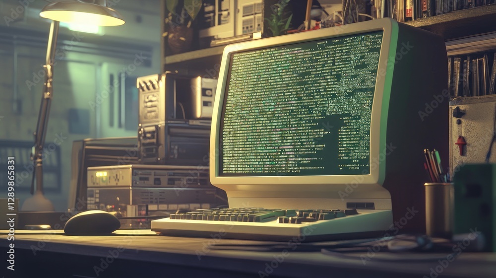 Poster In a tech lab, an old computer screen glows with programming code, illustrating the intricacies of early technology in a retro design setting.