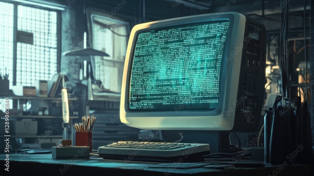 Poster In a tech lab, an old computer screen glows with programming code, illustrating the intricacies of early technology in a retro design setting.