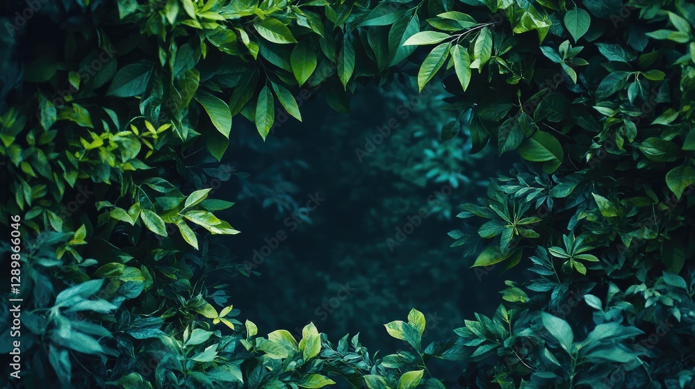 Poster lush green foliage intertwines to form a natural frame, set against a deep blue backdrop, evoking a 