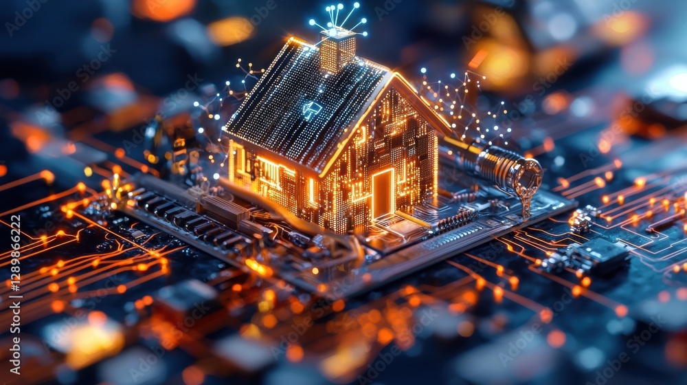 Poster futuristic smart home design with advanced technological circuit board and microchips representing t