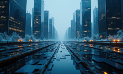 Obraz premium Futuristic Cityscape: Rainy Night in Metropolis - Cyberpunk aesthetics