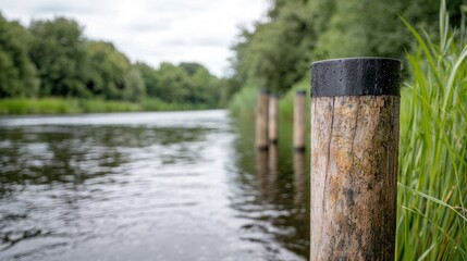 Naklejka premium Riverbank wooden markers, tranquil scenery, summer day, scenic waterway, nature photography, quiet riverside, perfect for nature websites