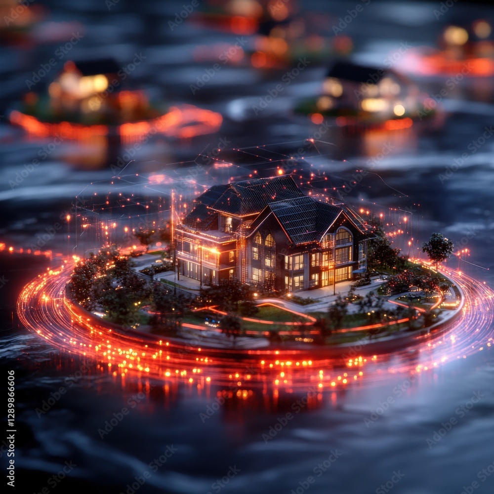 Poster enchanting floating island mansion nestled in a dreamlike nighttime landscape surrounded by a serene
