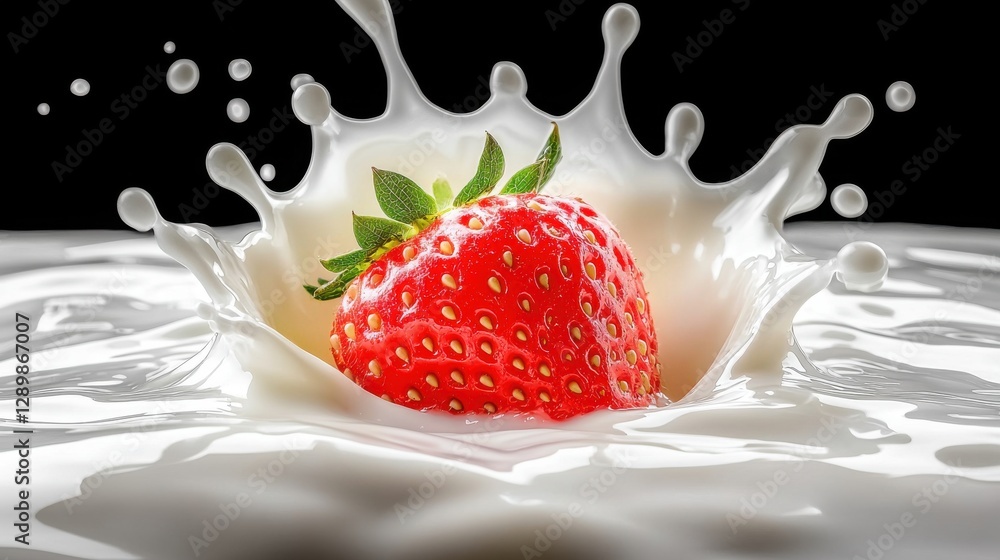Aufkleber close up of a fresh ripe strawberry partially submerged in a splash of creamy milk or yogurt against
