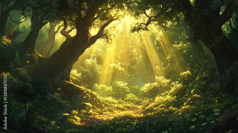 Poster sunlight streams through the forest canopy, casting its warm glow across the greenery below, creatin