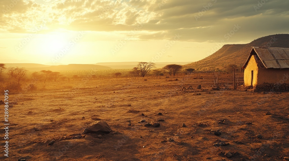 Poster the aftermath of a devastating drought in africa, with empty food supplies and barren land, symboliz