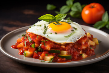 Portion of Spanish vegetable stew topped with a perfectly cooked sunny-side-up egg on a plate. Horizontal, side view.