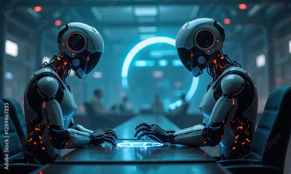Poster futuristic robots ai meeting technology concept - artificial intell.