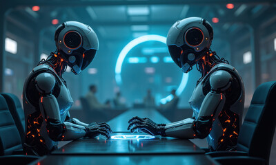 Fototapeta premium Futuristic Robots AI Meeting Technology Concept - Artificial Intell.