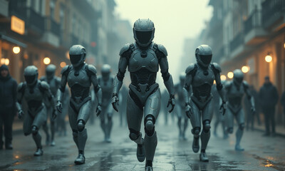Obraz premium Futuristic Robot Soldiers Marching City Street - Futuristic Technology