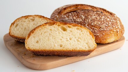 Naklejka premium Freshly baked artisan loaf of bread, sliced on a wooden board, against a white background. Ideal for food blogs or recipe sites