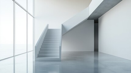Obraz premium The elegant entrance hall of a modern loft, showcasing minimalist design with a stunning staircase, clean lines, and high-fidelity details from an eye-level perspective.