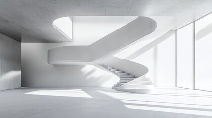 Obraz premium The elegant entrance hall of a modern loft, showcasing minimalist design with a stunning staircase, clean lines, and high-fidelity details from an eye-level perspective.