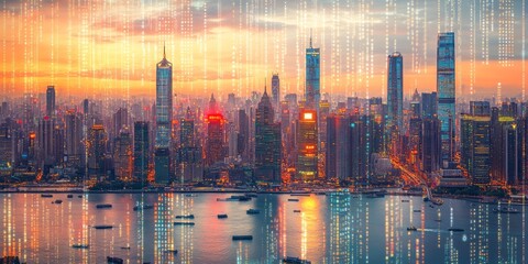 Evening cityscape with water reflections and digital data overlay