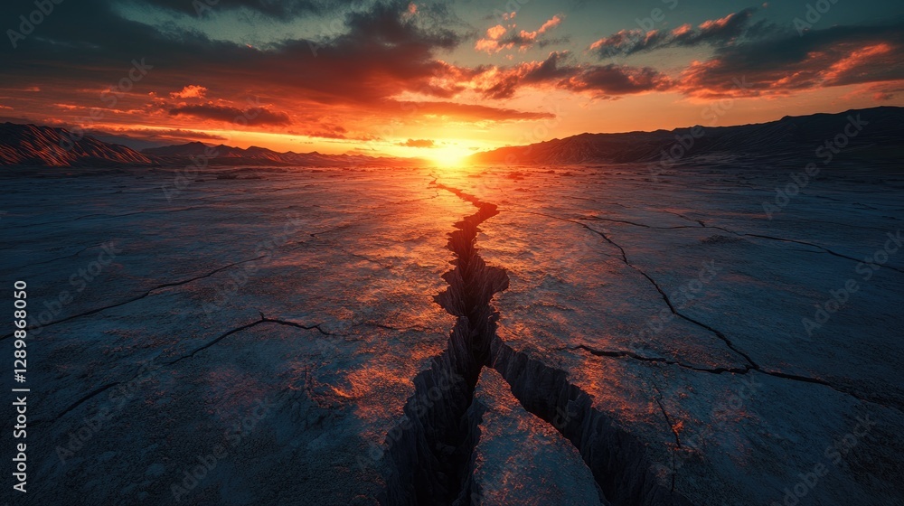 Poster the ground cracks open during an earthquake, creating deep fissures that reveal the force of nature,