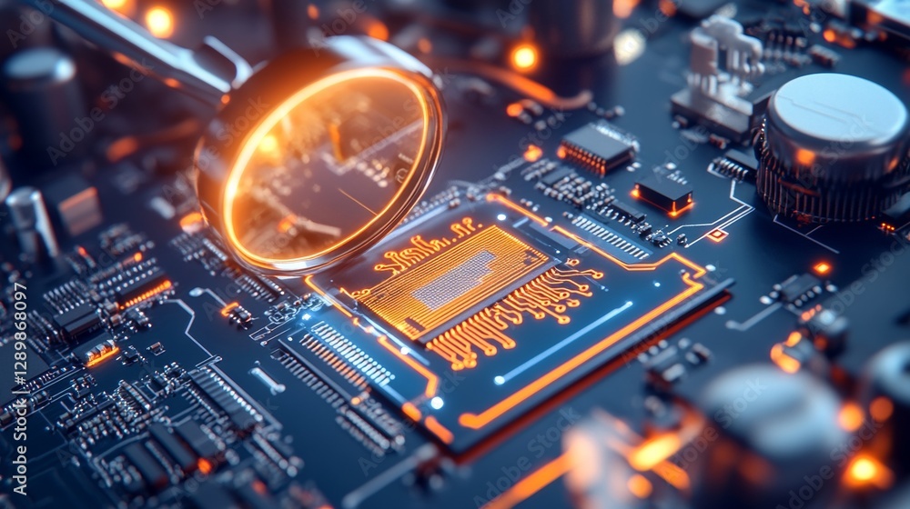 Poster exploring advanced technology magnified microchip circuit board laboratory digital artwork futuristi