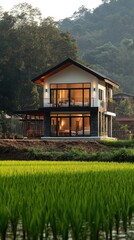 Fototapeta premium Modern Two Story House With Glass Windows And Black Roof Surrounded By Green Rice Field And Lush Trees Under Warm Sunlight