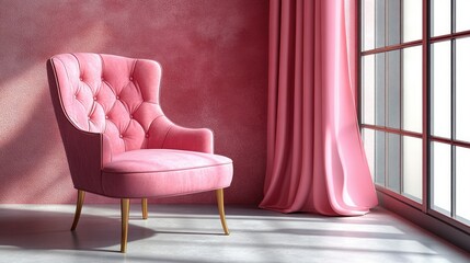 Pink Velvet Armchair near Window in a Modern Room