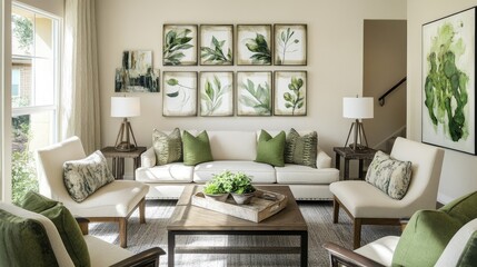 The living room features a stylish gallery wall of botanical and abstract art, with green tones and cozy furnishings that create an artistic, inviting environment.