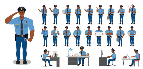 
Police Officer Character Design Model Sheet. Man, Character design. Front, side, back view and explainer animation poses. Character set with lip sync and Walk cycle animation sequences.
