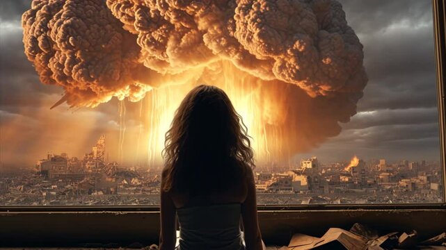 Nuclear explosion. Girl sitting by the window looking at atomic bomb blast. Apocalypse in the city