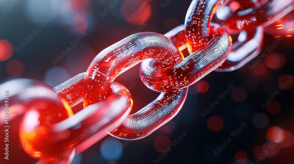 Poster vibrant red metal chains creating an intricate interconnected network symbolizing the advanced techn