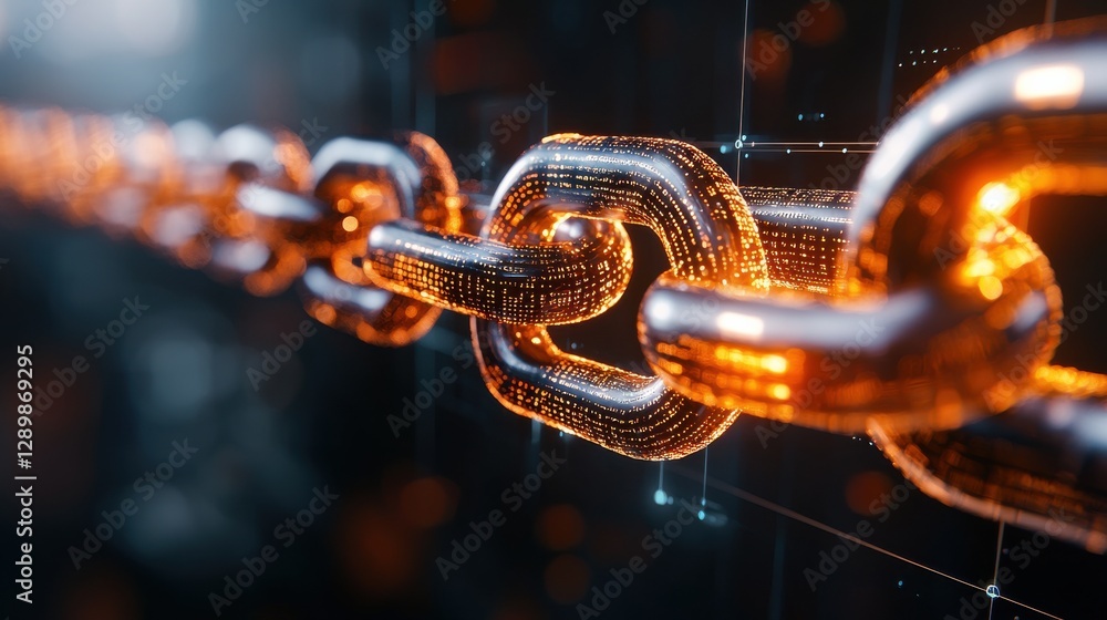Poster glowing metallic chain links forming an abstract network pattern with a modern industrial and techno