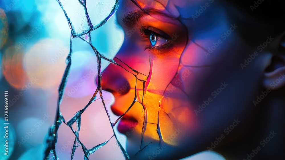 Poster The reflections of a fractured identity are revealed in a cracked mirror, with vibrant colors bleeding through, symbolizing the complexity and confusion of self.