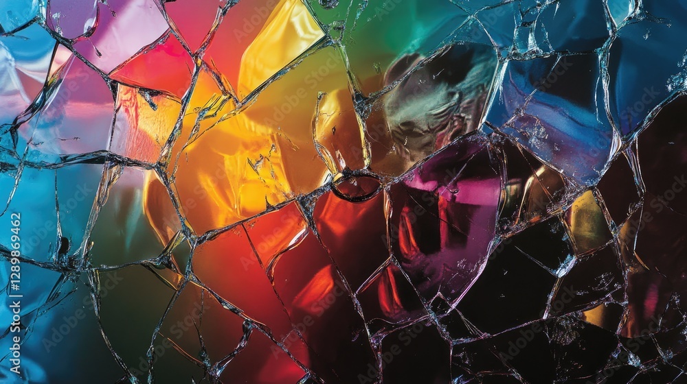Poster The reflections of a fractured identity are revealed in a cracked mirror, with vibrant colors bleeding through, symbolizing the complexity and confusion of self.