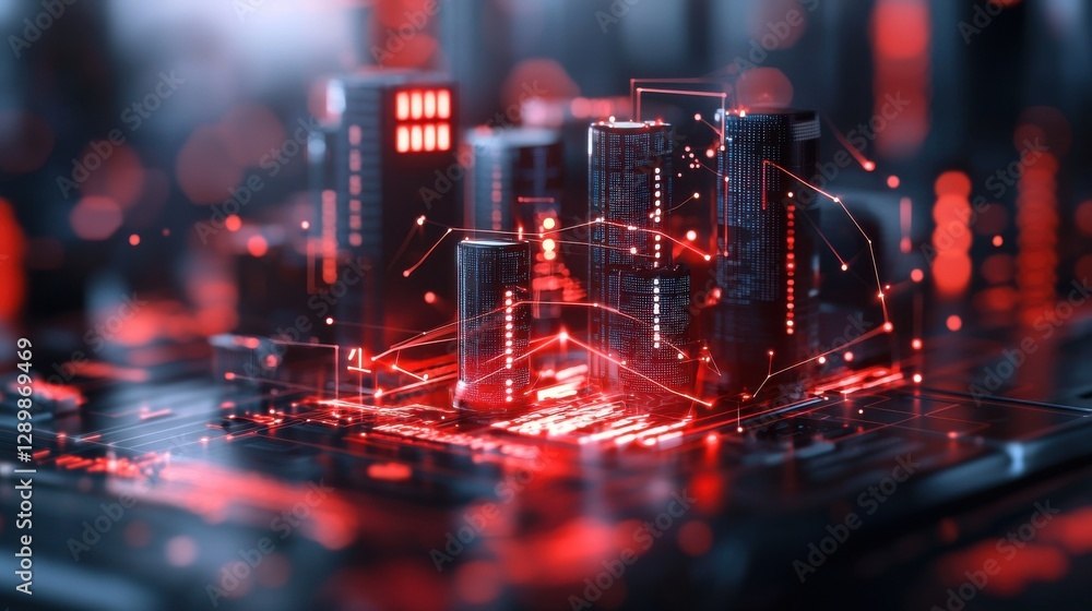 Poster futuristic cyberpunk inspired cityscape with glowing neon lights towering skyscrapers and a data dri