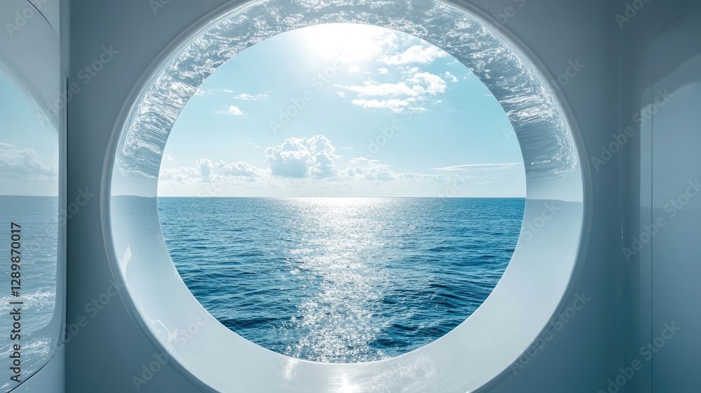 Poster through the porthole of a luxurious yacht, a calm ocean view is framed perfectly against a clean whi