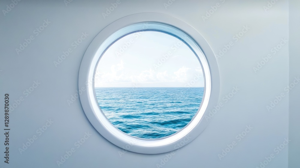 Poster through the porthole of a luxurious yacht, a calm ocean view is framed perfectly against a clean whi