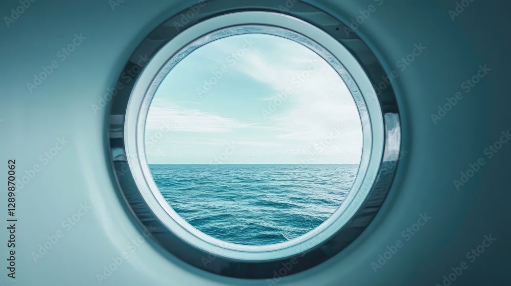Poster through the porthole of a luxurious yacht, a calm ocean view is framed perfectly against a clean whi