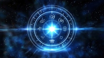 Glowing Astrological Zodiac Wheel Shining in the Depths of a Mystical Cosmic Universe Filled with Stars and Galaxies  Esoteric Occult Symbols of Fate Destiny and Divination