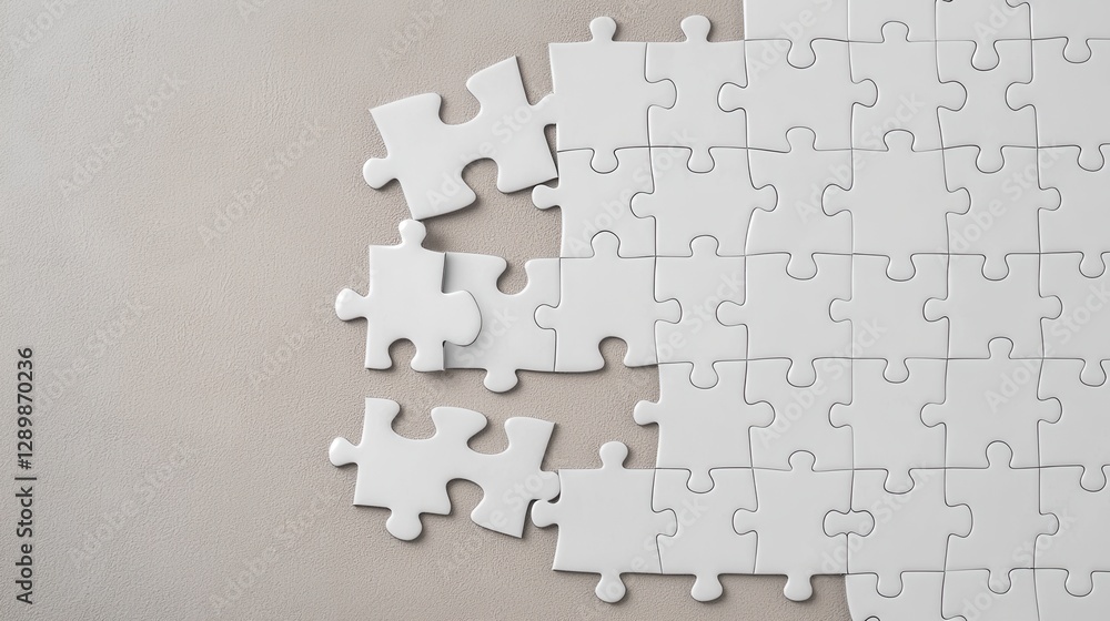 Poster unfinished white puzzle pieces arranged on a plain background symbolizing the challenges and opportu