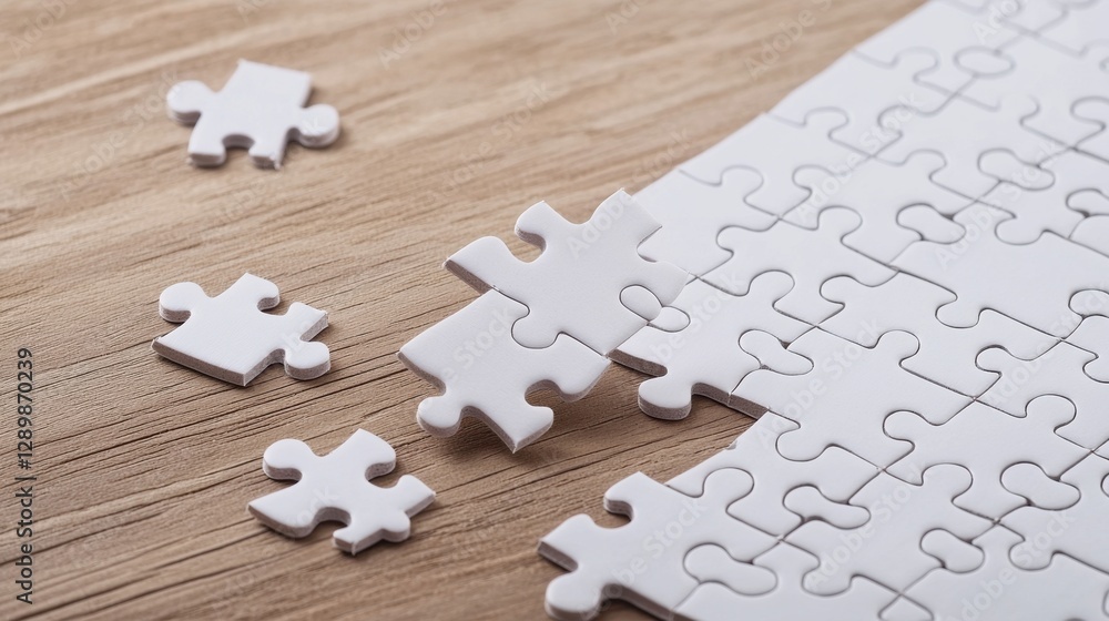 Aufkleber wooden jigsaw puzzle pieces arranged on a natural wooden table surface the puzzle pieces create a ge