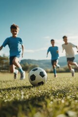 Obraz premium People playing soccer game in field.