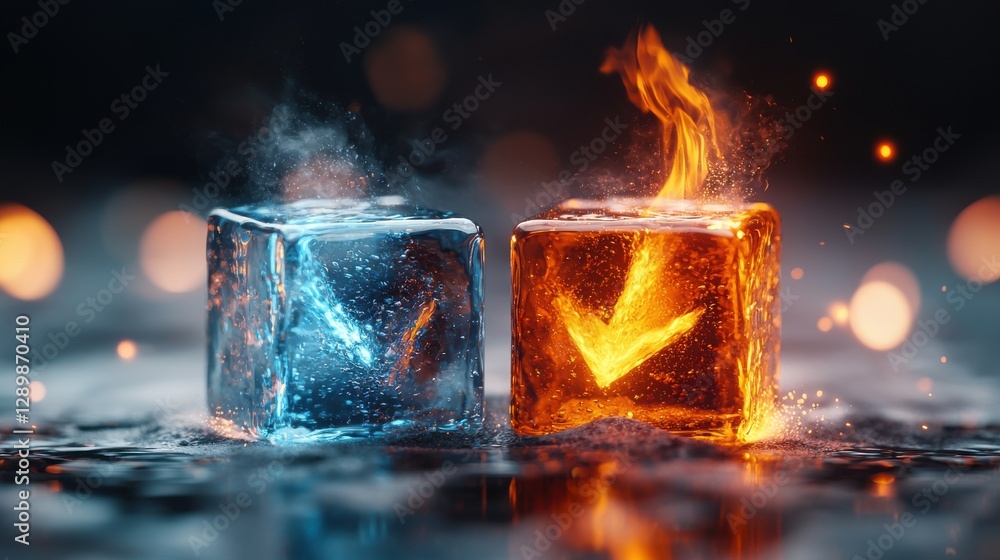 Poster dramatic clash of fire and ice in a surreal 3d rendering showcasing the collision and tension betwee
