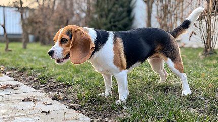 A beagle dog is standing in a grassy area. generated using AI