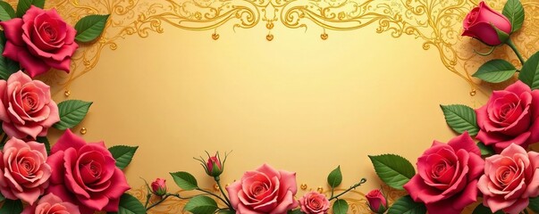 Intricate roses border on golden background for elegant event invitations, invitations, gold