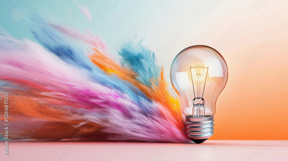Poster colorful burst of illuminated light bulb representing creativity innovation and the potential for pr