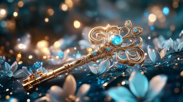 Enchanting golden key surrounded by luminous flowers fantasy realm digital art ethereal environment close-up perspective mystical concept for seo impact